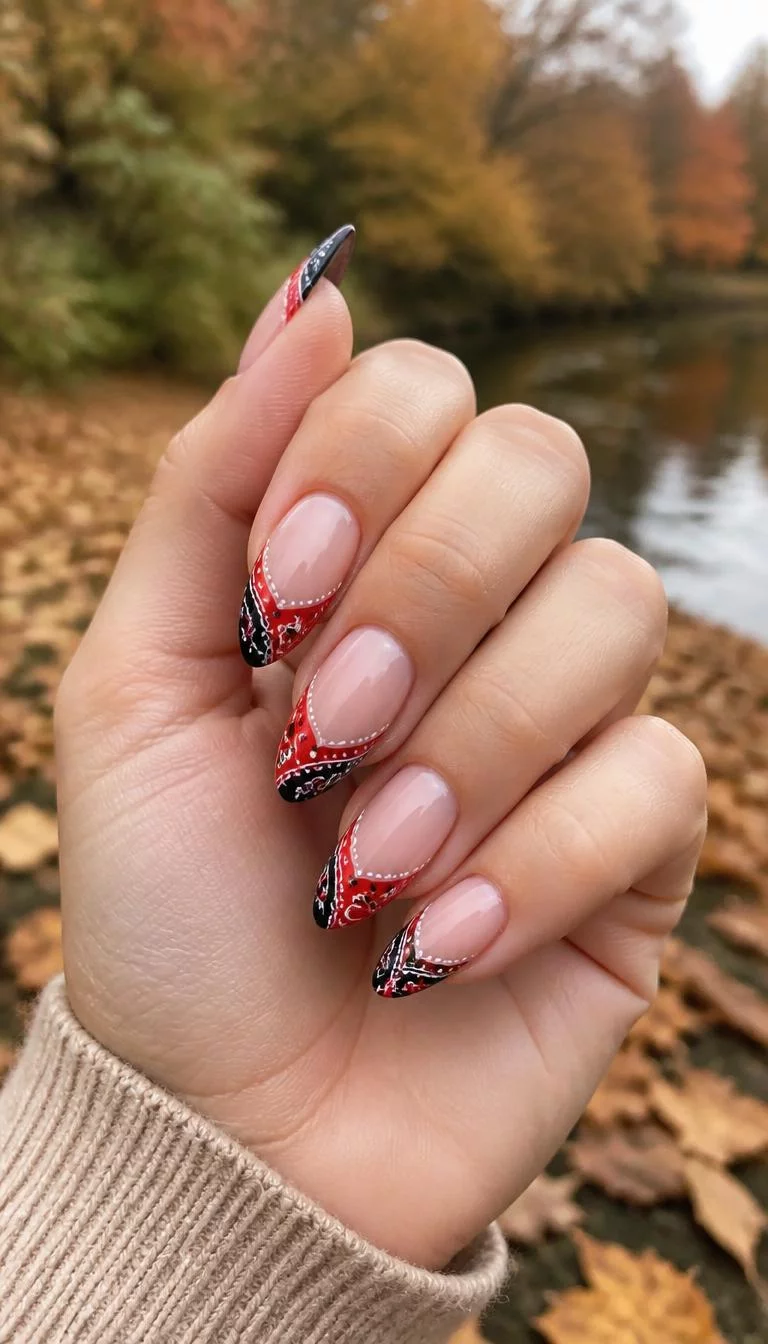 The classic Crimson Bandana A photorealistic close-up shot of a woman's fair skin tone hand with five fingers, showcasing almond-shaped medium-length nails featuring a French manicure base and a red and black bandana-inspired overlay design, outdoor fall background