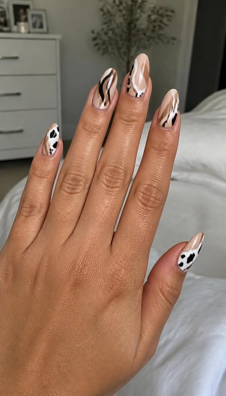 Abstract Neutral Ranch A photorealistic close-up shot of a woman's olive skin tone hand with five fingers, showcasing almond-shaped medium-length nails featuring tan and white with black and brown abstract designs, including cow print and wavy lines, bedroom background