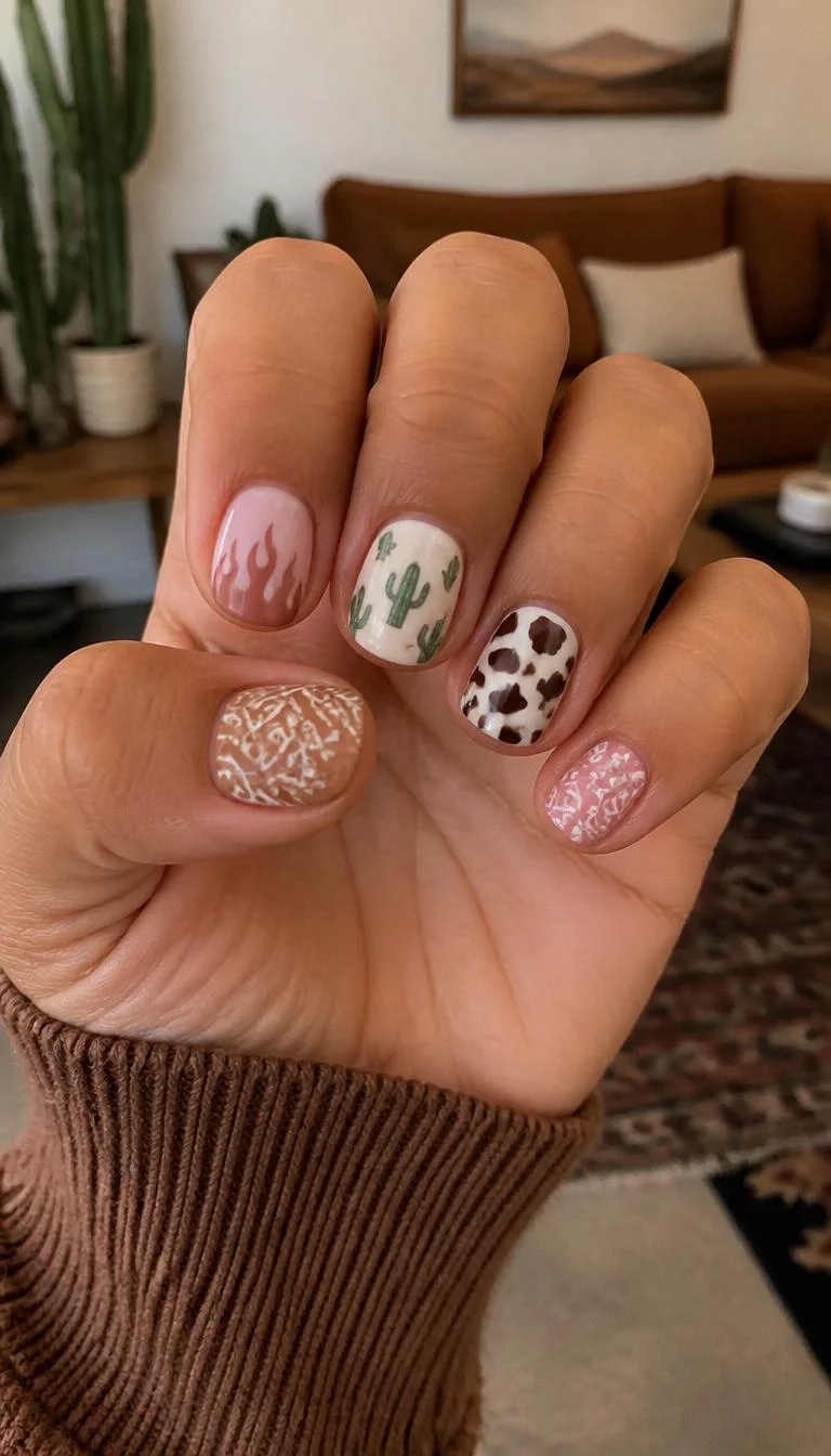Fiery Frontier Accents A photorealistic close-up shot of a woman's olive skin tone hand with five fingers, showcasing short rounded nails featuring patterns like bandanas, cow print, cacti, and pink flames, with a warm, earthy color palette, living room background