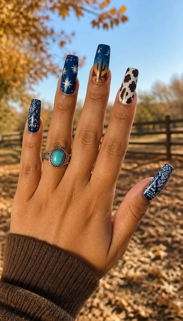 Midnight Desert Nightscape A photorealistic close-up shot of a woman's tan skin tone hand with five fingers, showcasing long rectangular nails featuring a dark blue base featuring celestial motifs, a desert landscape, cow print, and bandana patterns, outdoor fall background