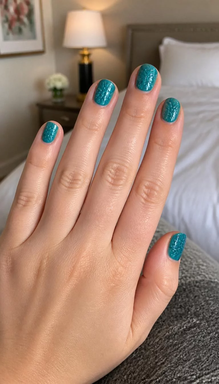 Embossed Teal Florals A photorealistic close-up shot of a woman's light skin tone hand with five fingers, showcasing short rounded nails featuring a vibrant teal color with intricately embossed floral patterns, bedroom background