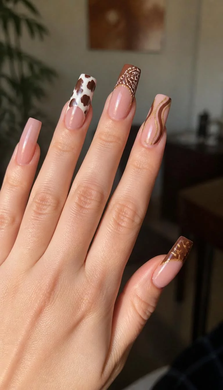 Golden Hour Bandana A photorealistic close-up shot of a woman's fair skin tone hand with five fingers, showcasing long square nails featuring a natural base, featuring cow print, bandana patterns, and brown and gold abstract designs, indoor background