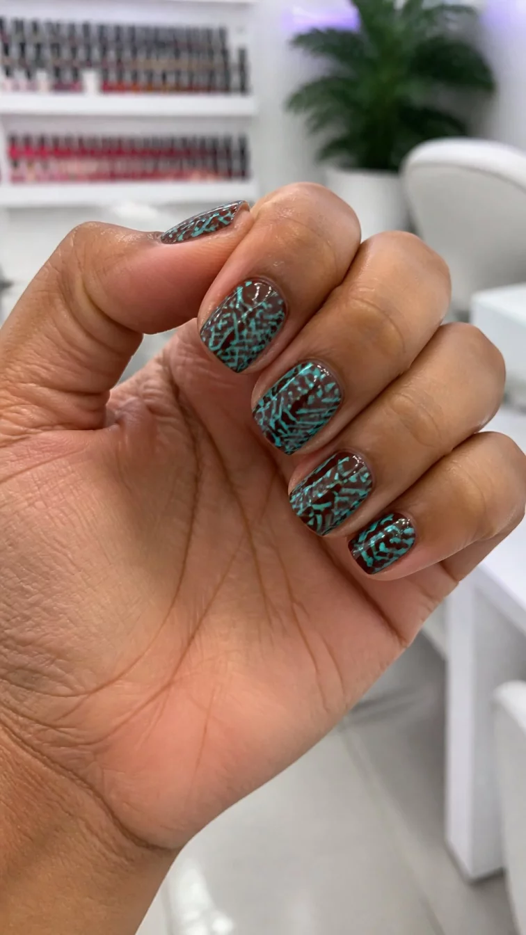 A photorealistic close-up shot of a woman's tan skin tone hand with five fingers, showcasing short square nails featuring a brown base and intricate teal geometric tribal-inspired designs, nail salon background
