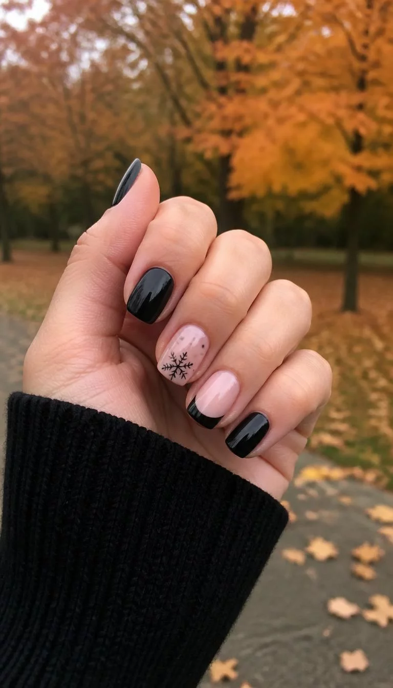 Black And Snow Mix Squares A photorealistic close-up shot of a woman's light skin tone hand with five fingers, showcasing square short nails featuring a mix of glossy black, a neutral base with a snowflake design, and French tips, outdoor fall background