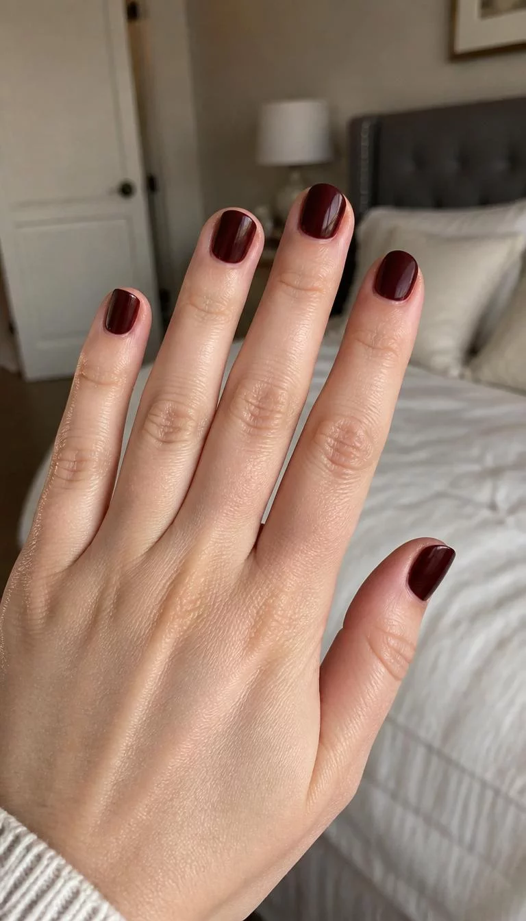 Classic Glossy Burgundy Rounds A photorealistic close-up shot of a woman's light skin tone hand with five fingers, showcasing round short nails featuring a deep, glossy burgundy finish, bedroom background