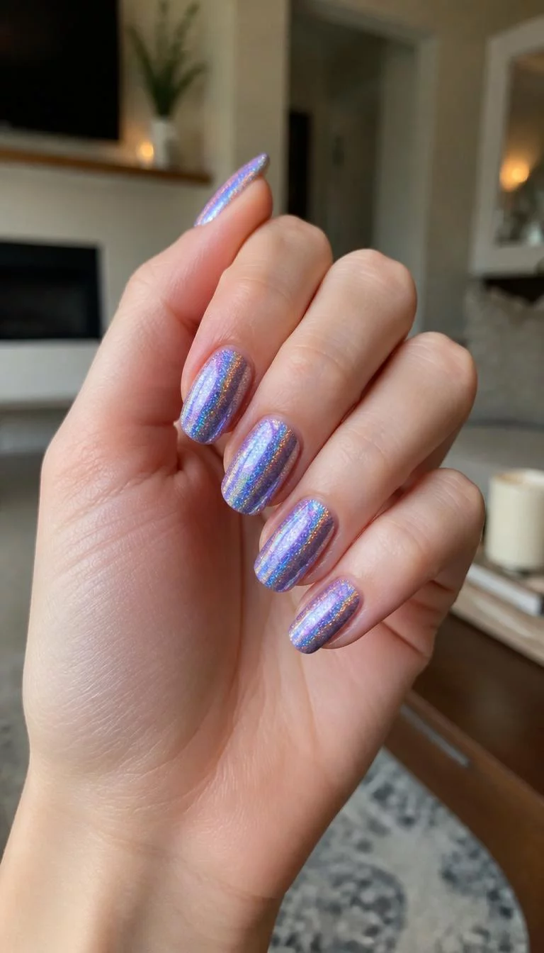 Holographic Shimmer Ovals A photorealistic close-up shot of a woman's light skin tone hand with five fingers, showcasing oval medium-length nails featuring a holographic shimmer in various shades of blue, purple, and rose gold, living room background