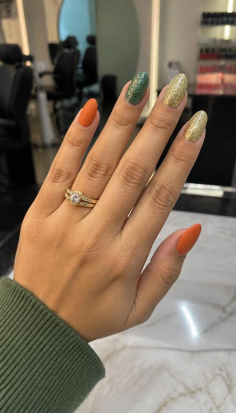 A photorealistic close-up shot of a woman's medium skin tone hand with five fingers, showcasing almond-shaped medium-length nails featuring a festive mix of matte orange, glittery green, and gold glitter, nail salon background