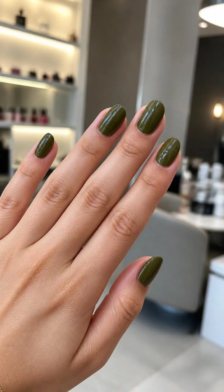 A photorealistic close-up shot of a woman's light skin tone hand with five fingers, showcasing medium-length oval nails featuring a deep glossy olive green, nail salon background