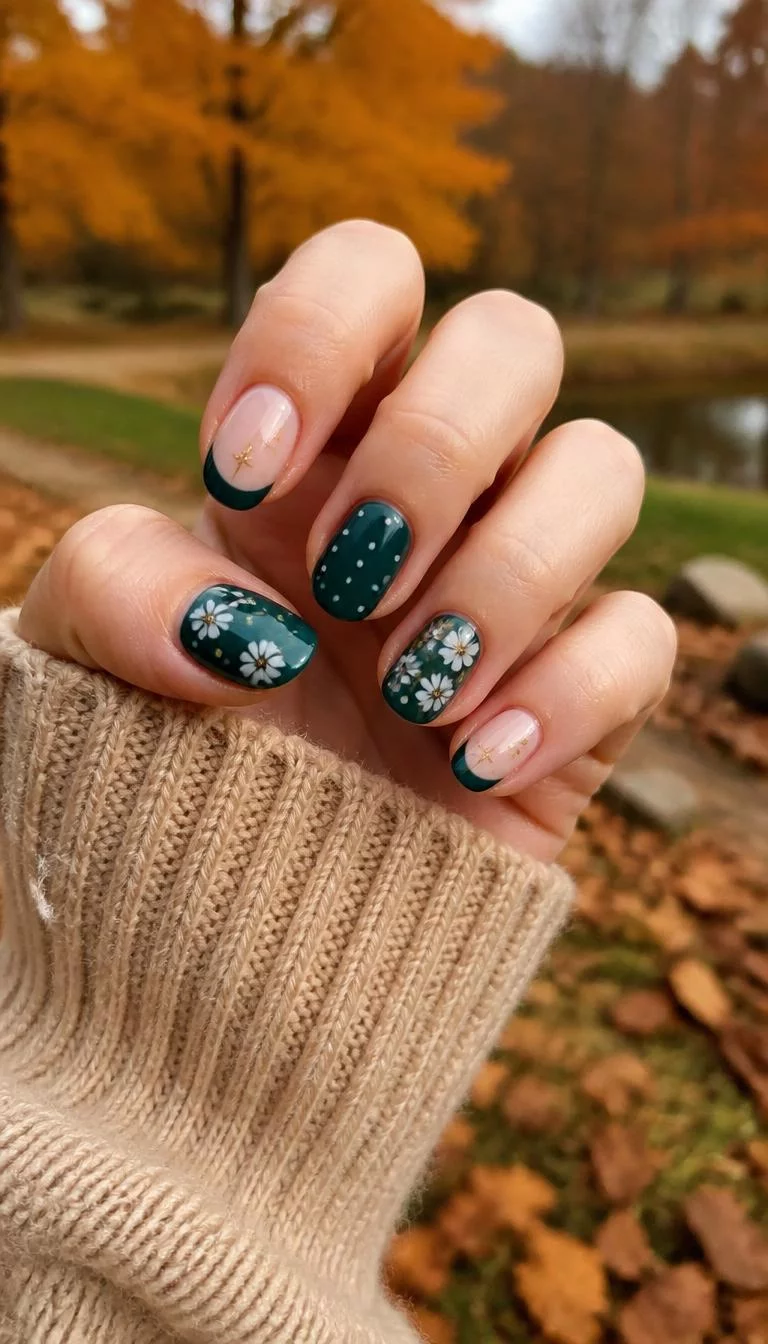 A photorealistic close-up shot of a woman's fair skin tone hand with five fingers, showcasing short, rounded and almond-shaped nails featuring floral accents with deep teal, polka dots on a dark green base, and French tips with gold star accents, outdoor fall background