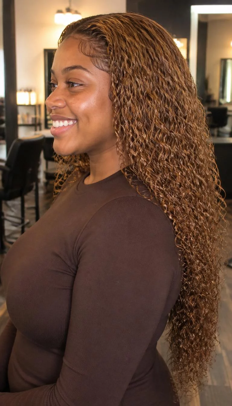 Frosted Hazelnut Lights A side shot photo of a 23-year-old Black African woman with a diamond face, tan, button nose, straight eyebrows, and full lips. Her face features faint freckles across the nose, faint under-eye shadows, and subtle natural facial asymmetry. She has monolid blue eyes, pronounced cheekbones, broad smile, relaxed. She is plus-size and is wearing a Chocolate Brown Long Sleeve Tee with frosted hazelnut lights long tight curls hair, warm indoor lighting, hair salon