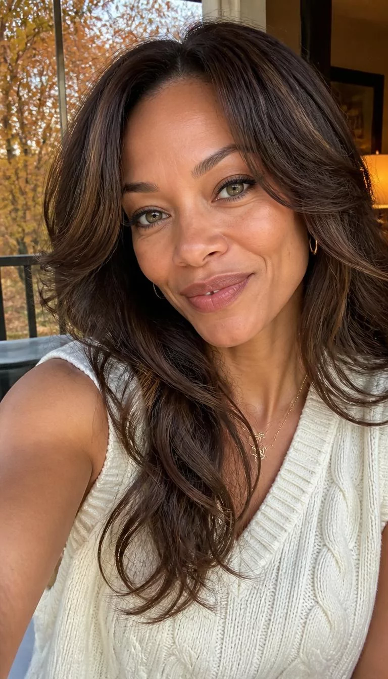 Muted Mushroom Brunette selfie of a 37-year-old Afro-Caribbean woman with a heart-shaped face, fair, broad nose, feathered eyebrows, and heart-shaped lips. Her face features gap between front teeth, a few laugh lines, and subtle natural facial asymmetry. She has upturned hazel eyes, high cheekbones, closed-mouth smile, playful. She is slim and is wearing a Ivory Sweater Vest with muted mushroom brunette long textured layers hair, warm indoor lighting, fall outdoor background