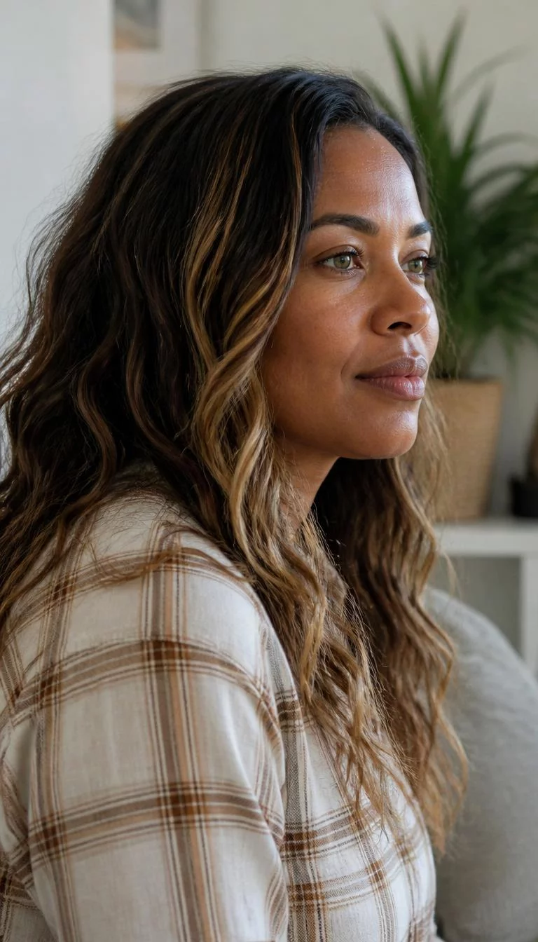 Caramel Apple Streaks A side shot photo of a 33-year-old Afro-Caribbean woman with a pear-shaped face, olive, broad nose, straight eyebrows, and wide lips. Her face features faint freckles across the nose, visible pores, and subtle natural facial asymmetry. She has hooded green eyes, soft cheekbones, closed-mouth smile, thoughtful. She is athletic and is wearing a Ivory Plaid Shirt with caramel apple streaks long beach waves hair, soft window light, indoor