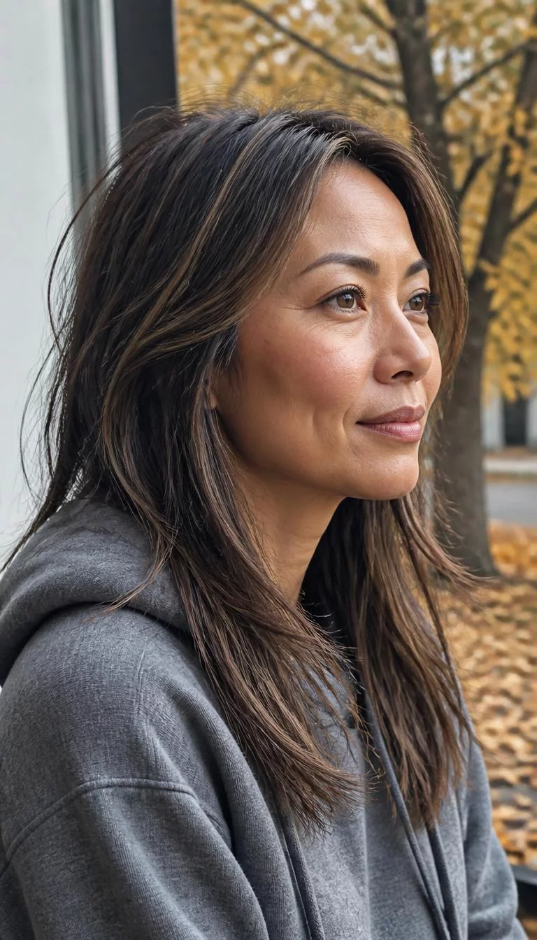 Iced Mocha Lowlights A side shot photo of a 40-year-old Southeast Asian woman with a diamond face, deep brown, broad nose, thin arched eyebrows, and thin lips. Her face features dimples, a few laugh lines, and subtle natural facial asymmetry. She has round hazel eyes, rounded cheeks, subtle smile, thoughtful. She is slim and is wearing a Gray Hoodie with iced mocha lowlights long shaggy cut hair, soft window light, fall outdoor background