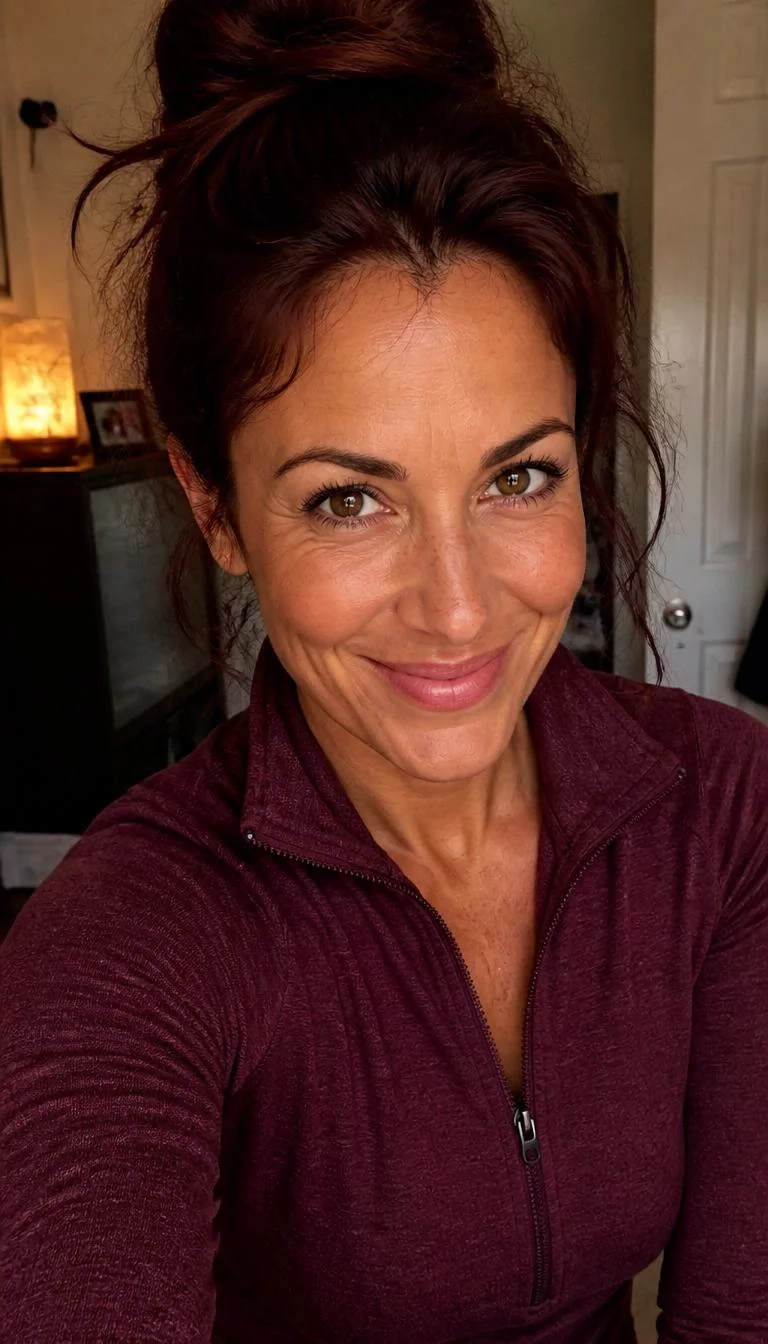 Deep Burgundy Wine selfie of a 45-year-old Southern European woman with a oblong face, tan, button nose, thin arched eyebrows, and heart-shaped lips. Her face features widow's peak hairline, light freckles, and subtle natural facial asymmetry. She has deep-set amber eyes, high cheekbones, broad smile, playful. She is slim and is wearing a Maroon Quarter-Zip Pullover with deep burgundy wine long messy bun hair, warm indoor lighting, indoor
