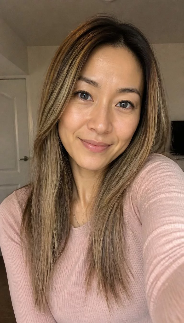 Pale Honey Balayage selfie of a 35-year-old East Asian woman with a pear-shaped face, deep brown, straight nose, thick natural eyebrows, and thin lips. Her face features slightly crooked smile, a few laugh lines, and subtle natural facial asymmetry. She has round blue eyes, soft cheekbones, subtle smile, cheerful. She is slim and is wearing a Blush Pink Ribbed Top with pale honey balayage long straight hair, warm indoor lighting, indoor