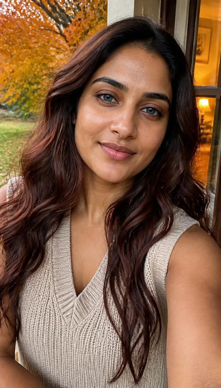 Smoked Cinnamon Copper selfie of a 30-year-old South Asian woman with a oblong face, fair, broad nose, thick natural eyebrows, and wide lips. Her face features uneven eyebrows, visible pores, and subtle natural facial asymmetry. She has deep-set blue eyes, high cheekbones, closed-mouth smile, thoughtful. She is athletic and is wearing a Cream Sweater Vest with smoked cinnamon copper long loose curls hair, warm indoor lighting, fall outdoor background