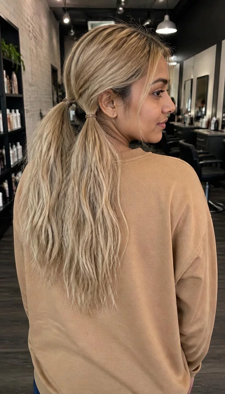 Creamy Oat Milk Blonde A back shot photo of a 23-year-old South Asian woman with a pear-shaped face, deep brown, narrow nose, thin arched eyebrows, and thin lips. Her face features faint freckles across the nose, faint under-eye shadows, and subtle natural facial asymmetry. She has upturned green eyes, rounded cheeks, subtle smile, relaxed. She is average and is wearing a Camel Crewneck Sweatshirt with creamy oat milk blonde long loose pigtails hair, overcast daylight, hair salon