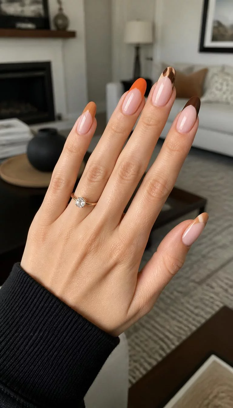 Autumnal French Tips In Orange And Brown A photorealistic close-up shot of a woman's light skin tone hand with five fingers, showcasing almond-shaped long long nails nails featuring French tip design in orange and brown with some nails displaying building earth tones, living room background
