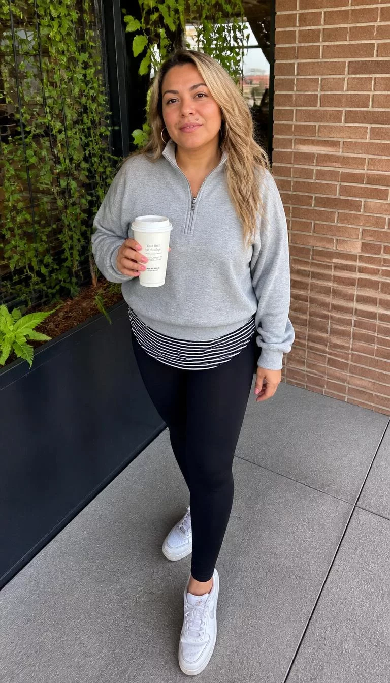 Grey Quarter Zip and Black Leggings A photorealistic full body shot of a 46-year-old Latina mother with a oval face, tan, broad nose, thick natural eyebrows, and wide lips. Her face features beauty mark near the lip, visible pores, and subtle natural facial asymmetry. She has downturned brown eyes, pronounced cheekbones, subtle smile, relaxed. She is curvy build with blonde long wavy hair and is wearing a grey quarter-zip sweatshirt, a striped shirt, black leggings, and white sneakers, holding a coffee cup outdoors, everyday social media post aesthetic, high-quality mobile photography, shot on an iPhone 14.
