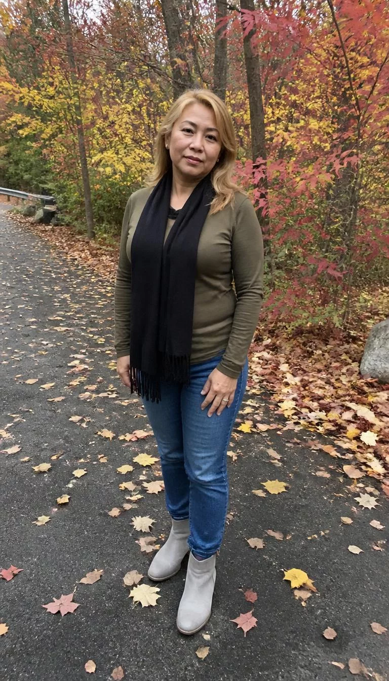 Olive Shirt and Tasseled Scarf A photorealistic full body shot of a 53-year-old Southeast Asian mother with a oval face, deep brown, straight nose, straight eyebrows, and thin lips. Her face features dimples, visible pores, and subtle natural facial asymmetry. She has upturned brown eyes, rounded cheeks, neutral expression, thoughtful. She is curvy build with blonde hair hair and is wearing a long-sleeved olive green shirt, a dark scarf with tassels, blue jeans, and light grey boots, with autumn foliage behind her, everyday social media post aesthetic, high-quality mobile photography, shot on an iPhone 14.