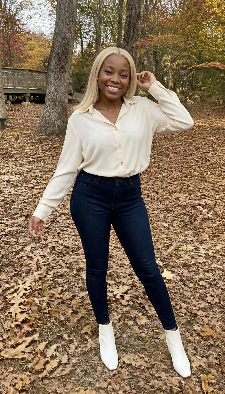 Cream Button Up and White Ankle Boots A photorealistic full body shot of a 27-year-old Black African woman with a round face, olive, straight nose, thick natural eyebrows, and wide lips. Her face features gap between front teeth, faint under-eye shadows, and subtle natural facial asymmetry. She has almond-shaped amber eyes, high cheekbones, broad smile, playful. She is slim with blonde hair and is wearing a cream button-up shirt, dark jeans, and white ankle boots, in a wooded fall setting, everyday social media post aesthetic, high-quality mobile photography, shot on an iPhone 14.