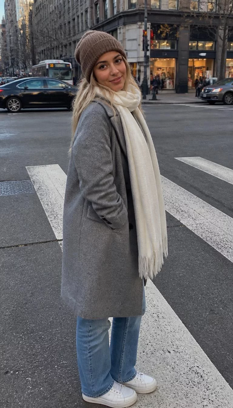 Grey Coat and Large White Scarf A photorealistic full body shot of a 25-year-old Middle Eastern woman with a oblong face, dark brown, rounded nose, thin arched eyebrows, and thin lips. Her face features dimples, visible pores, and subtle natural facial asymmetry. She has upturned dark brown eyes, soft cheekbones, subtle smile, playful. She is petite with blonde hair and is wearing a grey coat, blue jeans, a brown beanie, and a large white scarf, on a crosswalk, everyday social media post aesthetic, high-quality mobile photography, shot on an iPhone 14.