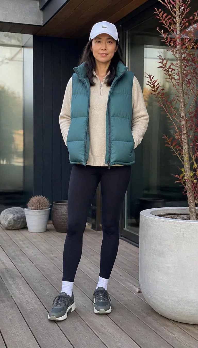 Teal Puffer Vest and Beige Sweater A photorealistic full body shot of a 38-year-old East Asian woman with a heart-shaped face, light, aquiline nose, thin arched eyebrows, and thin lips. Her face features gap between front teeth, subtle acne marks, and subtle natural facial asymmetry. She has downturned gray eyes, high cheekbones, neutral expression, confident. She is average build with dark hair and a white baseball cap and is wearing a teal puffer vest, beige sweater, and black leggings, everyday social media post aesthetic, high-quality mobile photography, shot on an iPhone 14.