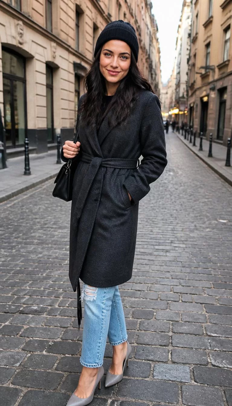 Charcoal Coat and Ripped Jeans A photorealistic full body shot of a 24-year-old Eastern European woman with a oval face, olive, aquiline nose, softly curved eyebrows, and heart-shaped lips. Her face features faint freckles across the nose, a few laugh lines, and subtle natural facial asymmetry. She has almond-shaped blue eyes, soft cheekbones, broad smile, playful. She is athletic build with dark long hair hair and is wearing a charcoal coat, ripped jeans, grey heels, and a black beanie, on a cobblestone street, everyday social media post aesthetic, high-quality mobile photography, shot on an iPhone 14.