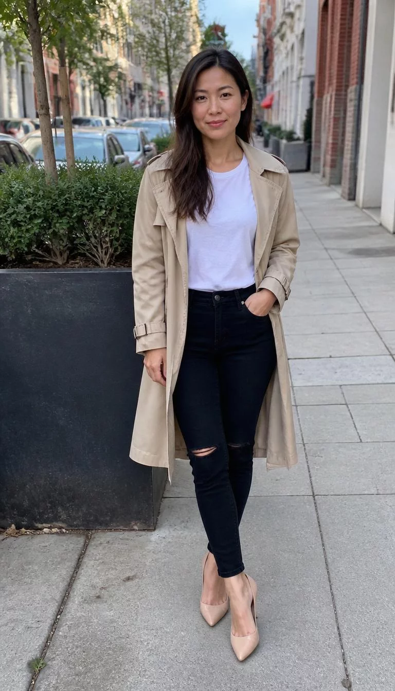 Trench Coat and Ripped Black Jeans A photorealistic full body shot of a 36-year-old Southeast Asian woman with a oblong face, dark brown, button nose, straight eyebrows, and full lips. Her face features small scar on the eyebrow, slightly flushed cheeks, and subtle natural facial asymmetry. She has upturned brown eyes, pronounced cheekbones, subtle smile, relaxed. She is petite with long dark hair hair and is wearing a beige trench coat, white tee, ripped black jeans, and nude heels, on a sidewalk, everyday social media post aesthetic, high-quality mobile photography, shot on an iPhone 14.