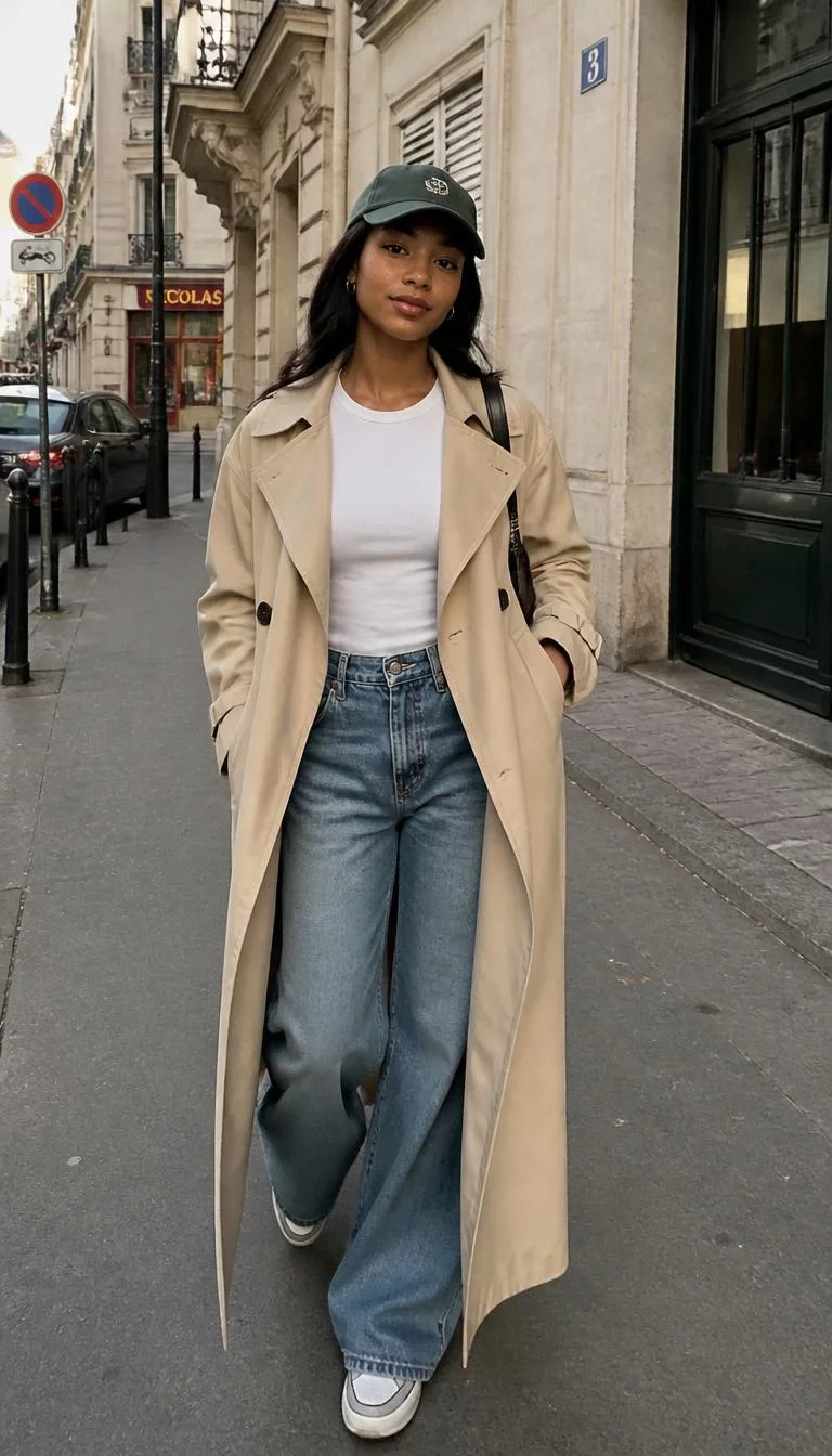 Beige Trench Coat and Wide Leg Jeans A photorealistic full body shot of a 24-year-old Afro-Caribbean woman with a diamond face, fair, broad nose, softly curved eyebrows, and wide lips. Her face features faint freckles across the nose, light freckles, and subtle natural facial asymmetry. She has downturned green eyes, pronounced cheekbones, closed-mouth smile, confident. She is curvy build with dark hair and is wearing a beige trench coat, white tee, blue wide-leg jeans, and a baseball cap, on a city street, everyday social media post aesthetic, high-quality mobile photography, shot on an iPhone 14.