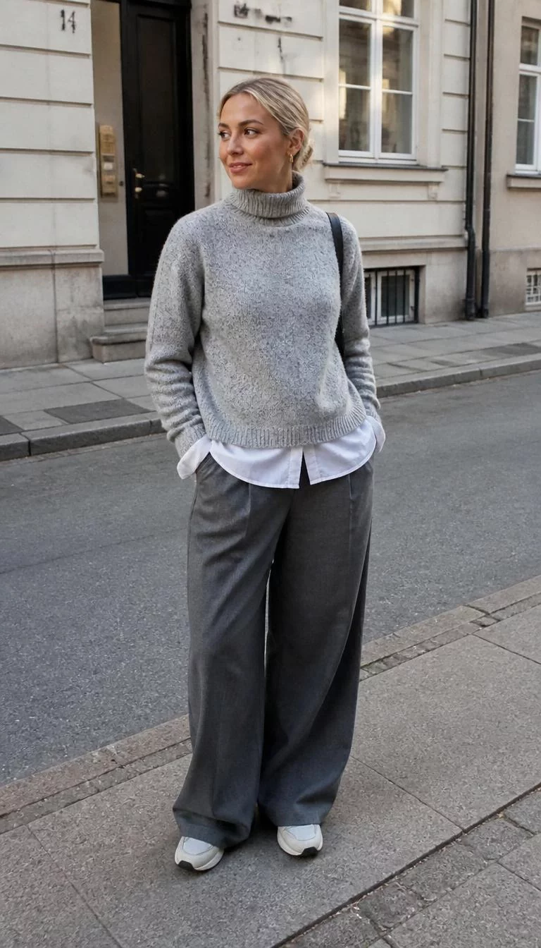 Speckled Turtleneck and Grey Pants A photorealistic full body shot of a 35-year-old Northern European woman with a round face, deep brown, rounded nose, thin arched eyebrows, and wide lips. Her face features faint freckles across the nose, visible pores, and subtle natural facial asymmetry. She has downturned hazel eyes, pronounced cheekbones, broad smile, thoughtful. She is petite with blonde hair and is wearing a speckled grey turtleneck sweater, white shirt, and grey wide-leg pants, on a sidewalk, everyday social media post aesthetic, high-quality mobile photography, shot on an iPhone 14.