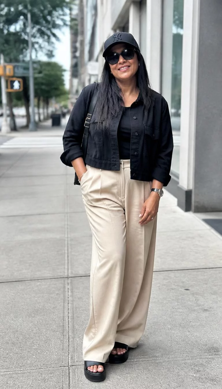 Cropped Jacket and Beige Wide Leg Pants A photorealistic full body shot of a 41-year-old South Asian woman with a round face, dark brown, narrow nose, thin arched eyebrows, and thin lips. Her face features gap between front teeth, light freckles, and subtle natural facial asymmetry. She has hooded gray eyes, pronounced cheekbones, subtle smile, cheerful. She is curvy build with dark straight hair and is wearing a dark cropped jacket, beige wide-leg pants, platform slides, a black cap, and sunglasses, on a city street, everyday social media post aesthetic, high-quality mobile photography, shot on an iPhone 14.