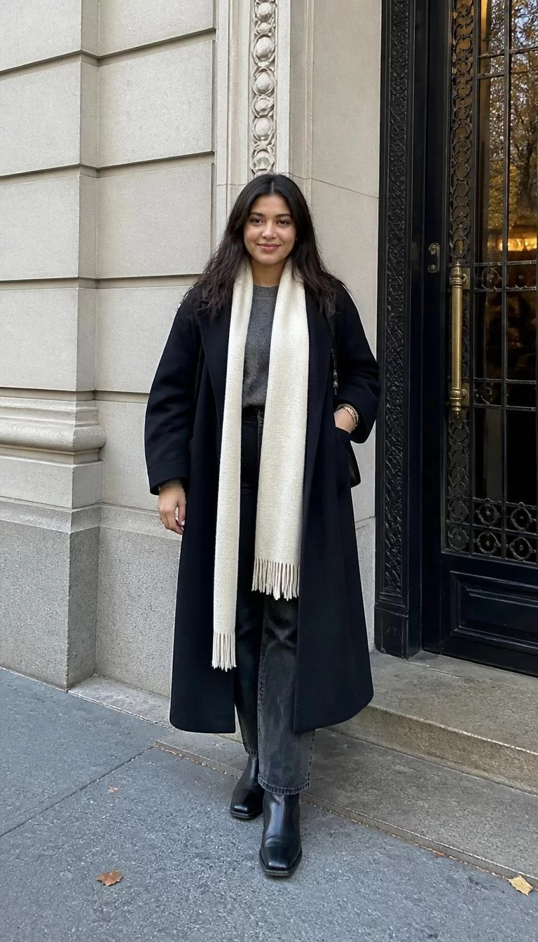 A photorealistic full body shot of a 30-year-old South Asian woman with a oblong face, fair, upturned nose, thick natural eyebrows, and wide lips. Her face features uneven eyebrows, subtle acne marks, and subtle natural facial asymmetry. She has round gray eyes, rounded cheeks, broad smile, relaxed. She is curvy build with dark hair and is wearing a variety of layering pieces including a wool scarf, a long overcoat, and stylish boots, New York, everyday social media post aesthetic, high-quality mobile photography, shot on an iPhone 14.