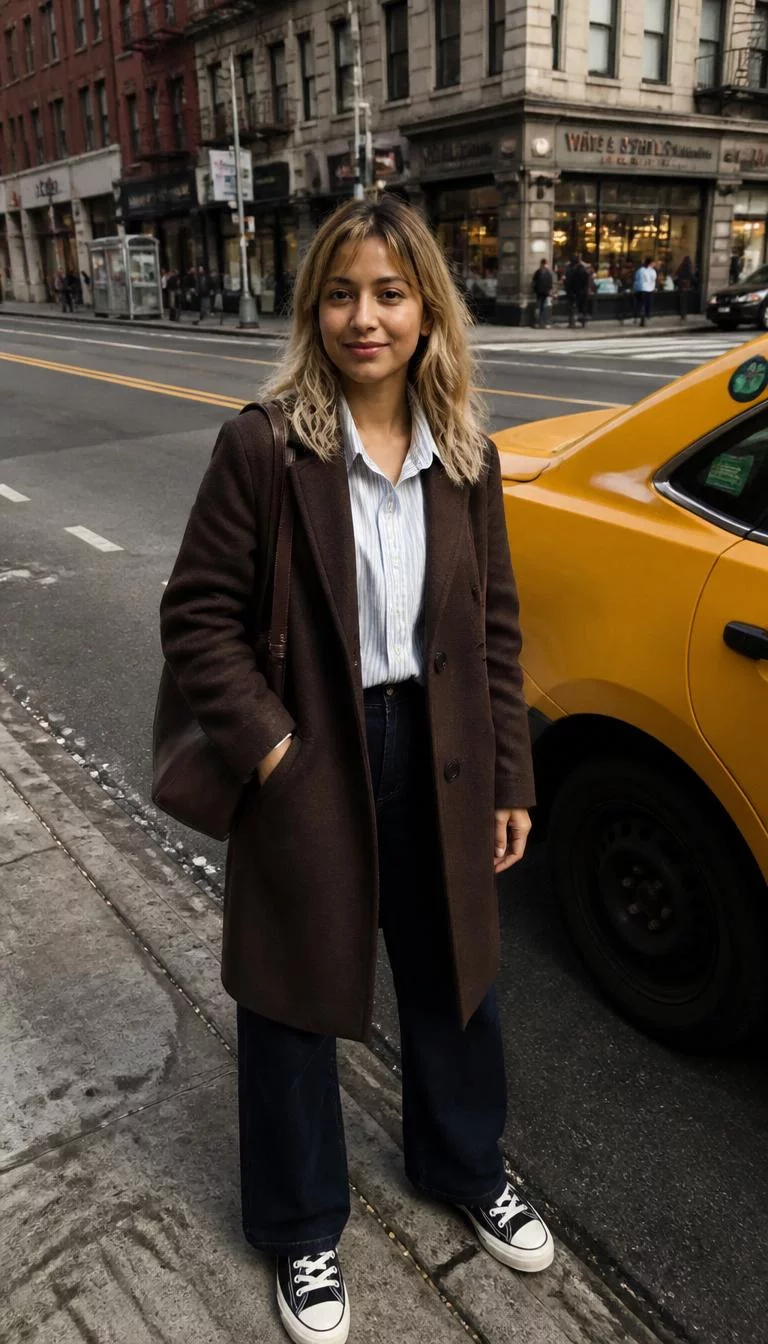 Brown Coat and Blue Striped Shirt A photorealistic full body shot of a 32-year-old South Asian woman with a oval face, dark brown, straight nose, thick natural eyebrows, and thin lips. Her face features small scar on the eyebrow, visible pores, and subtle natural facial asymmetry. She has almond-shaped hazel eyes, rounded cheeks, closed-mouth smile, thoughtful. She is petite with blonde hair with wavy bangs and is wearing a brown coat, blue-striped shirt, and dark jeans, near a yellow taxi, everyday social media post aesthetic, high-quality mobile photography, shot on an iPhone 14.