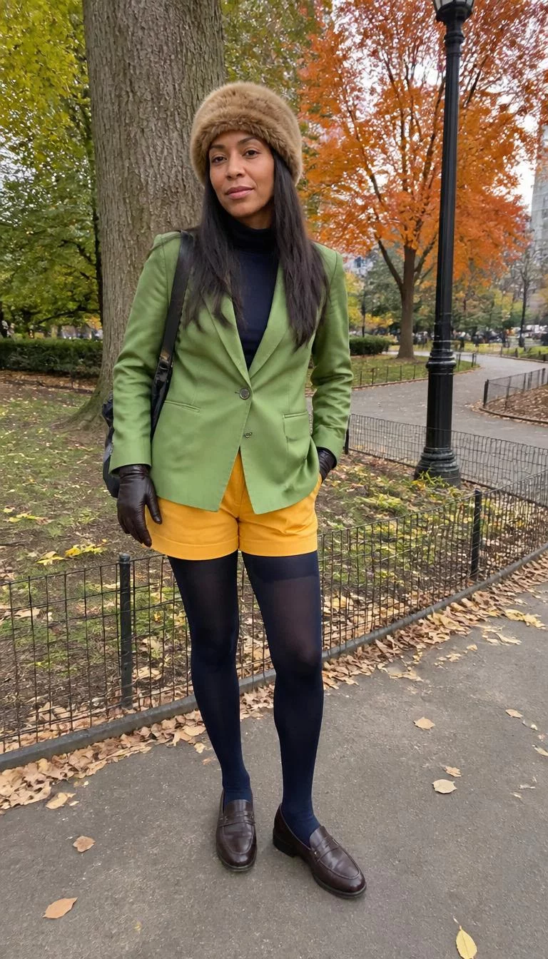 Green Blazer and Navy Tights A photorealistic full body shot of a 42-year-old Afro-Caribbean woman with a heart-shaped face, olive, straight nose, thick natural eyebrows, and thin lips. Her face features faint freckles across the nose, subtle acne marks, and subtle natural facial asymmetry. She has deep-set dark brown eyes, rounded cheeks, subtle smile, thoughtful. She is slim with dark straight hair and is wearing a green blazer, yellow shorts, navy tights, a fuzzy hat, and gloves, in a park with fall foliage, everyday social media post aesthetic, high-quality mobile photography, shot on an iPhone 14.