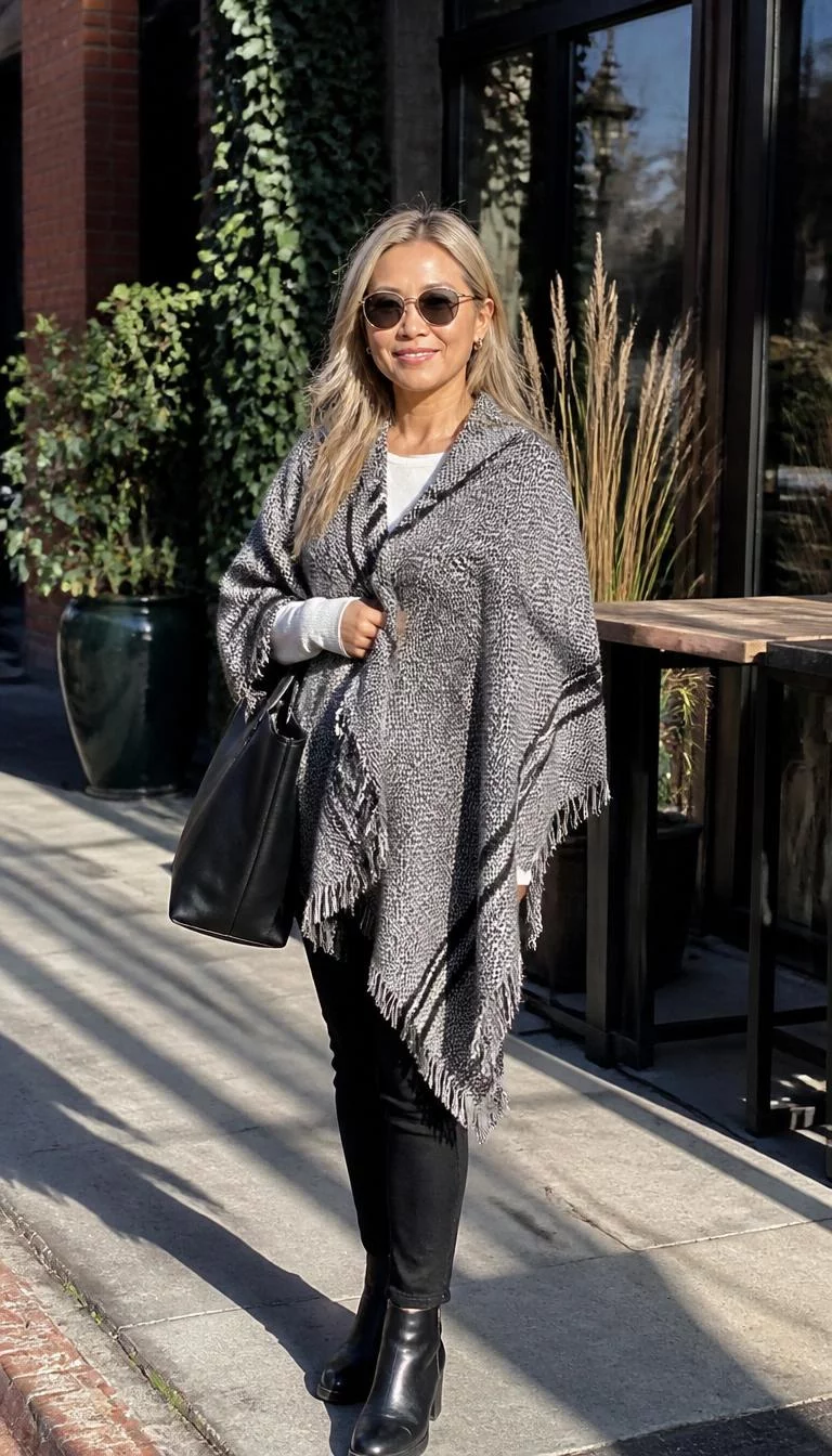 Grey Fringed Poncho and Black Boots A photorealistic full body shot of a 41-year-old East Asian woman with a oblong face, golden brown, rounded nose, softly curved eyebrows, and thin lips. Her face features slightly crooked smile, slightly flushed cheeks, and subtle natural facial asymmetry. She has round gray eyes, soft cheekbones, broad smile, thoughtful. She is petite with blonde hair and stylish sunglasses and is wearing a grey fringed poncho, white top, black pants, and black boots, everyday social media post aesthetic, high-quality mobile photography, shot on an iPhone 14.