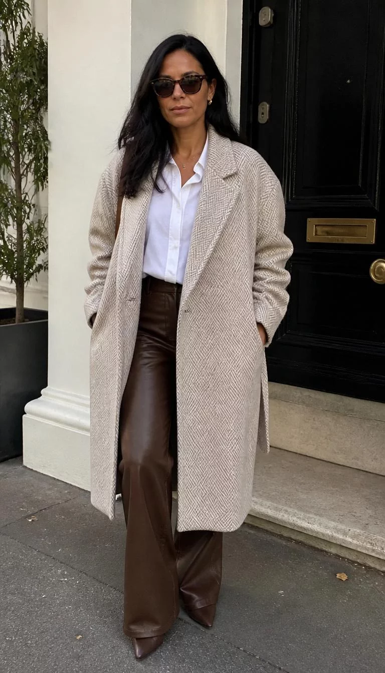 Cream Herringbone Coat and Brown Leather Pants A photorealistic full body shot of a 48-year-old Mixed-race woman with a square face, light, straight nose, feathered eyebrows, and wide lips. Her face features beauty mark near the lip, faint under-eye shadows, and subtle natural facial asymmetry. She has upturned hazel eyes, high cheekbones, neutral expression, relaxed. She is curvy build with dark hair and is wearing a cream herringbone coat, white shirt, brown leather pants, and sunglasses, everyday social media post aesthetic, high-quality mobile photography, shot on an iPhone 14.