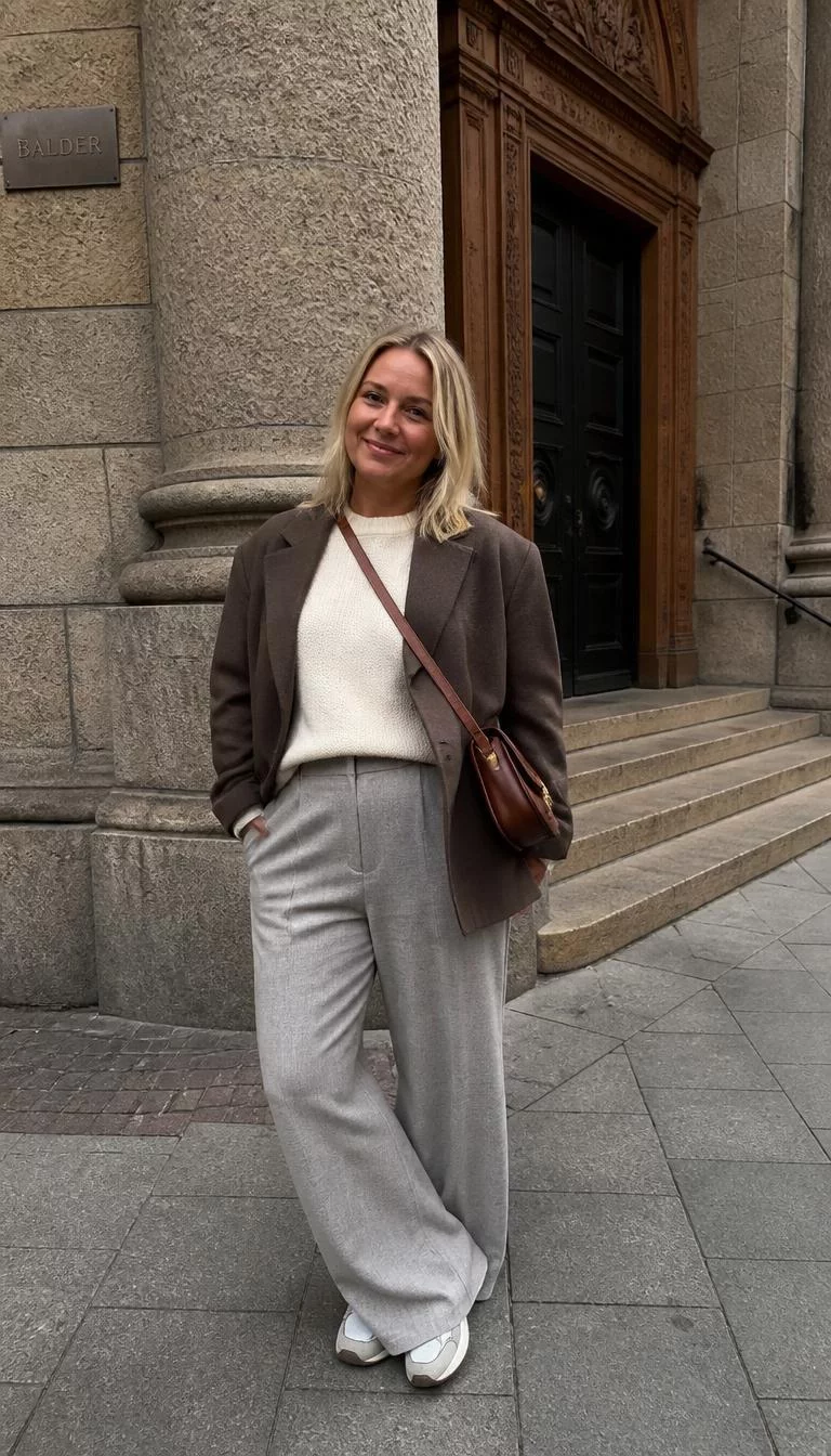 Cream Sweater and Brown Blazer with Grey Wide Leg Trousers A photorealistic full body shot of a 33-year-old Northern European woman with a round face, tan, rounded nose, straight eyebrows, and heart-shaped lips. Her face features slightly crooked smile, a few laugh lines, and subtle natural facial asymmetry. She has downturned blue eyes, soft cheekbones, broad smile, cheerful. She is curvy build with blonde shoulder-length hair and is wearing a cream sweater, brown blazer, and light grey wide-leg trousers, she carries a brown crossbody bag, stone building, everyday social media post aesthetic, high-quality mobile photography, shot on an iPhone 14.
