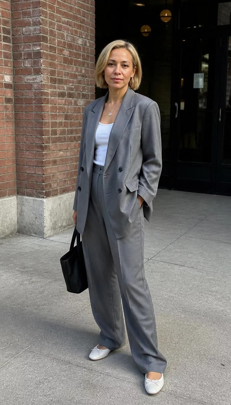 Oversized Grey Suit with White Tank Top and Ballet Flats A photorealistic full body shot of a 45-year-old Latina woman with a diamond face, light, rounded nose, softly curved eyebrows, and thin lips. Her face features faint freckles across the nose, light freckles, and subtle natural facial asymmetry. She has downturned hazel eyes, rounded cheeks, neutral expression, playful. She is petite with short blonde hair and is wearing a grey oversized suit, white tank top, carry a black bag, and white ballet flats, urban setting, everyday social media post aesthetic, high-quality mobile photography, shot on an iPhone 14.