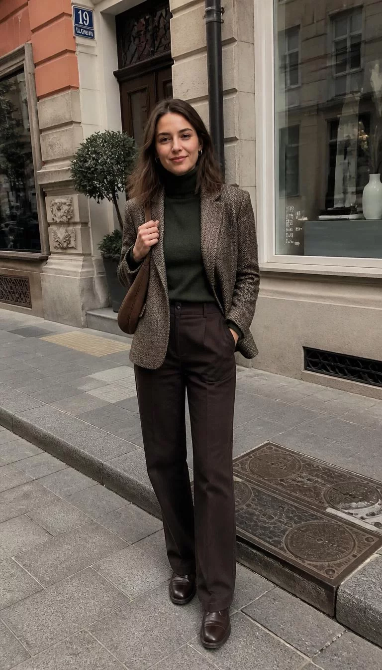 Brown Tweed Blazer and Green Turtleneck A photorealistic full body shot of a 28-year-old Eastern European woman with a heart-shaped face, light, upturned nose, feathered eyebrows, and thin lips. Her face features small scar on the eyebrow, a few laugh lines, and subtle natural facial asymmetry. She has almond-shaped dark brown eyes, pronounced cheekbones, closed-mouth smile, cheerful. She is slim with light brown hair and is wearing a brown tweed blazer, green turtleneck, brown trousers, and carries a brown handbag, European-style street setting, everyday social media post aesthetic, high-quality mobile photography, shot on an iPhone 14.