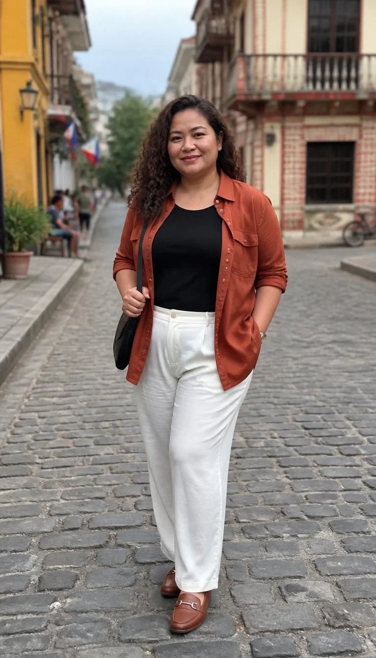 Rust Colored Shirt and White Trousers with Brown Loafers A photorealistic full body shot of a 43-year-old Southeast Asian woman with a heart-shaped face, light, upturned nose, straight eyebrows, and wide lips. Her face features uneven eyebrows, subtle acne marks, and subtle natural facial asymmetry. She has almond-shaped gray eyes, rounded cheeks, closed-mouth smile, cheerful. She is curvy build with dark curly hair and is wearing a rust-colored shirt, black t-shirt, white trousers, and brown loafers, carry a dark bag, cobblestone street, everyday social media post aesthetic, high-quality mobile photography, shot on an iPhone 14.