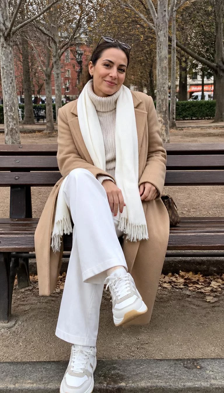 Tan Coat and Cream Turtleneck with White Pants A photorealistic full body shot of a 46-year-old Mediterranean woman with a round face, tan, button nose, softly curved eyebrows, and wide lips. Her face features beauty mark near the lip, light freckles, and subtle natural facial asymmetry. She has deep-set green eyes, pronounced cheekbones, broad smile, relaxed. She is slim with dark hair tied back hair and is wearing a tan coat, cream turtleneck sweater, white pants, and a white scarf, sitting on a park bench, everyday social media post aesthetic, high-quality mobile photography, shot on an iPhone 14.