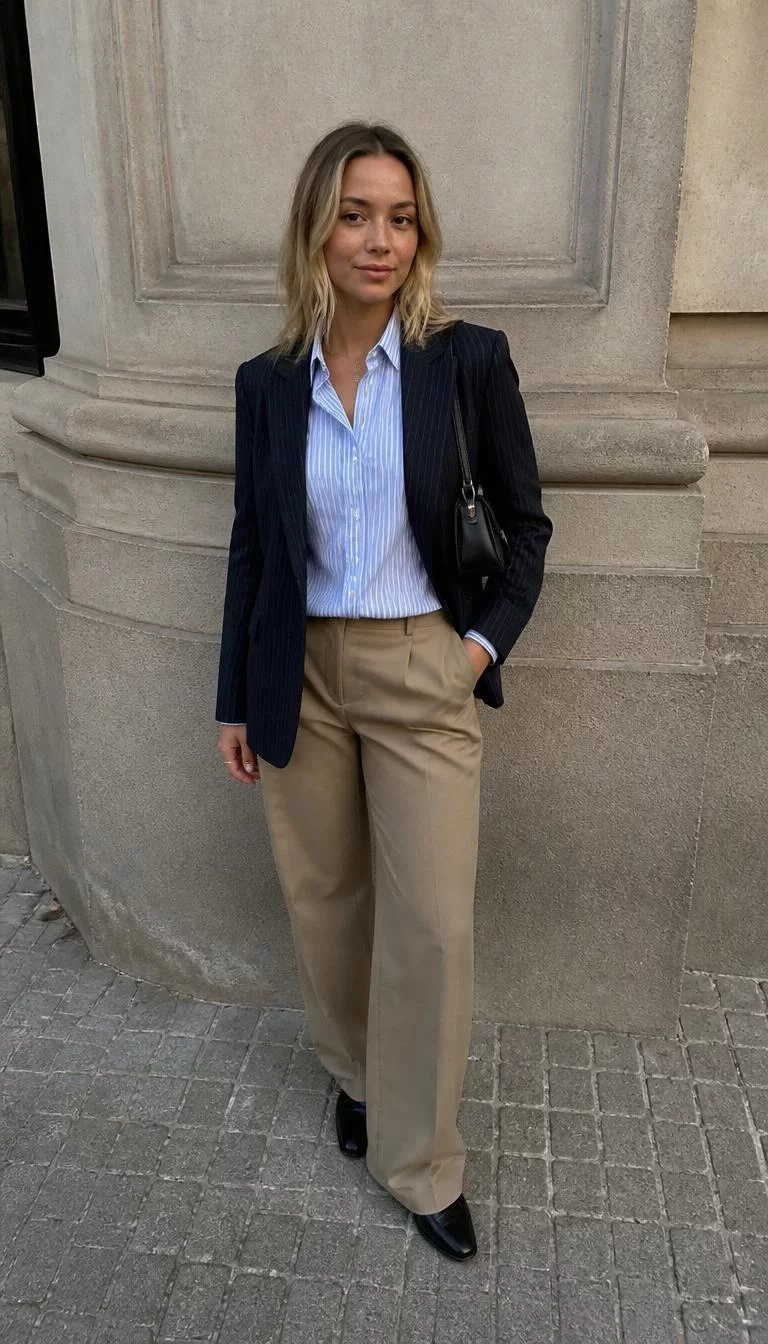 Pinstripe Blazer and Blue Striped Shirt with Khaki Pants A photorealistic full body shot of a 24-year-old Mixed-race woman with a pear-shaped face, light, button nose, thick natural eyebrows, and thin lips. Her face features faint freckles across the nose, light freckles, and subtle natural facial asymmetry. She has downturned gray eyes, soft cheekbones, subtle smile, thoughtful. She is petite with blonde hair and is wearing a pinstripe blazer, blue striped shirt, khaki pants, and carry a small black structured bag, everyday social media post aesthetic, high-quality mobile photography, shot on an iPhone 14.