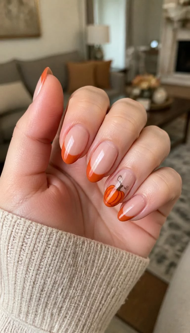 Pumpkin Spice French Tips A photorealistic close-up shot of a woman's fair skin tone hand with five fingers, showcasing almond-shaped medium-length nails featuring a clear base and French tips in burnt orange, plus a pumpkin accent nail, living room background
