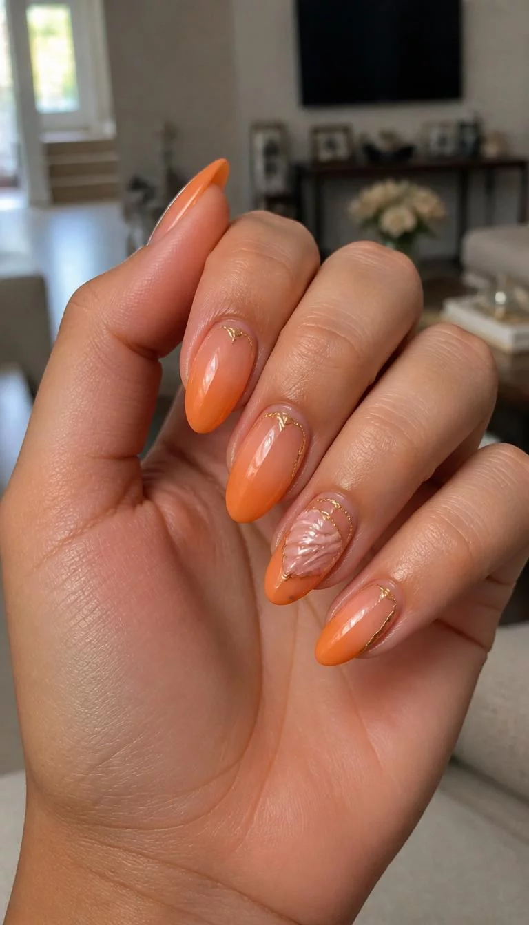 Seashell Textures And Golden Ombre A photorealistic close-up shot of a woman's medium skin tone hand with five fingers, showcasing almond-shaped medium-length nails featuring an orange ombre effect, some featuring shell-like accents and gold detailing, living room background