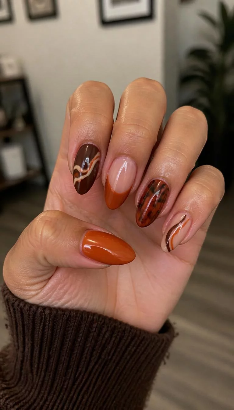 Moody Abstract Fall Hues A photorealistic close-up shot of a woman's medium skin tone hand with five fingers, showcasing almond-shaped medium-length nails featuring various moody orange and brown abstract designs, indoor background