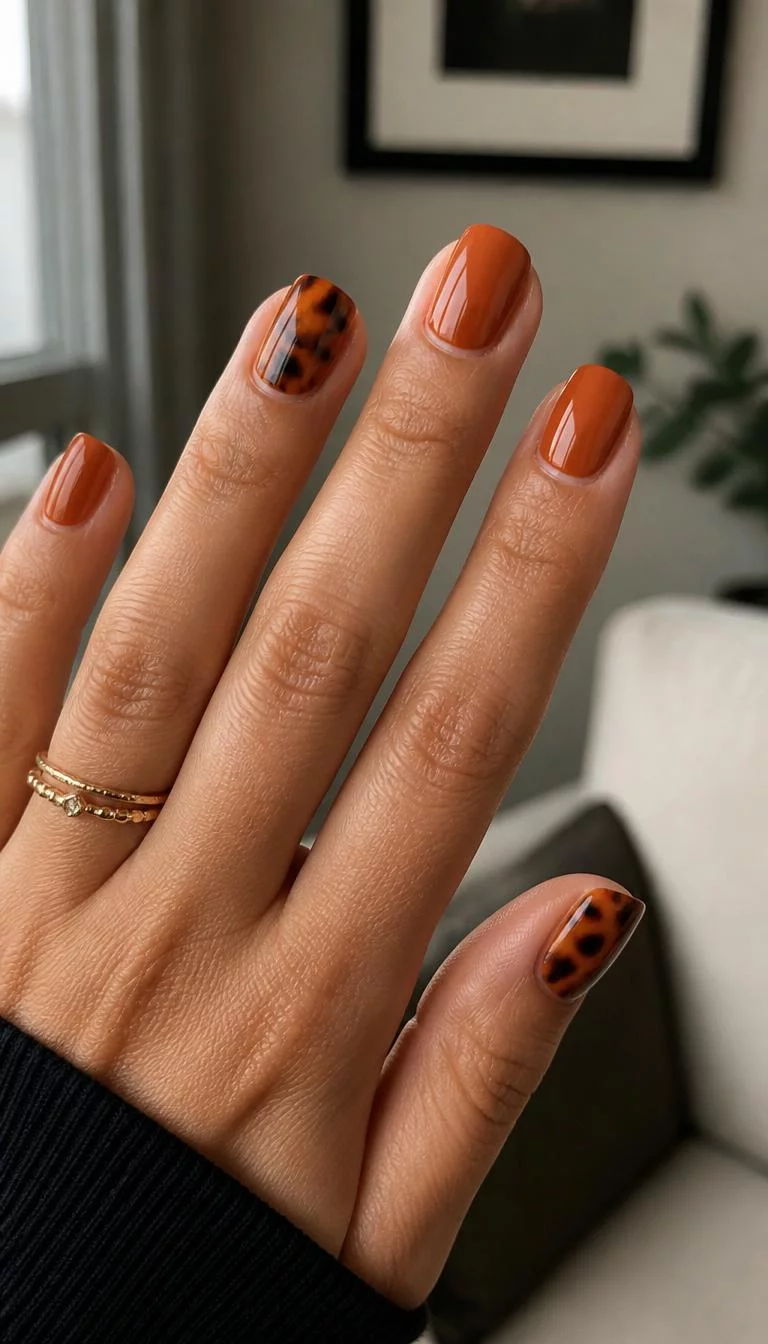 Tortoise Shell Accents On Squoval Tips A photorealistic close-up shot of a woman's olive skin tone hand with five fingers, showcasing squoval-shaped short nails featuring a glossy burnt orange polish, accented by tortoise shell designs, indoor background