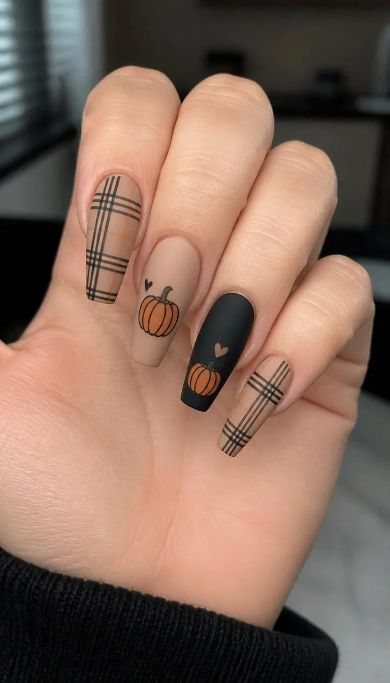 Matte Black And Pumpkin Plaid A photorealistic close-up shot of a woman's fair skin tone hand with five fingers, showcasing coffin-shaped medium to long length nails featuring plaid patterns and cute pumpkin graphics on a subtle skin-tone base with matte black accents, indoor background