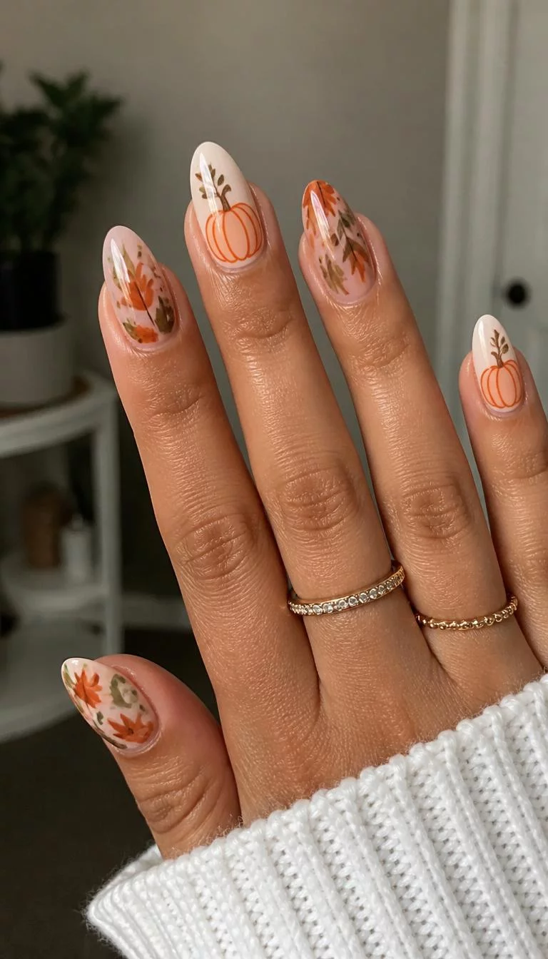 A Tale Of Two Fall Designs A photorealistic close-up shot of a woman's olive skin tone hand with five fingers, showcasing oval-shaped nails with pumpkin designs and almond-shaped nails with abstract fall leaf patterns, indoor background
