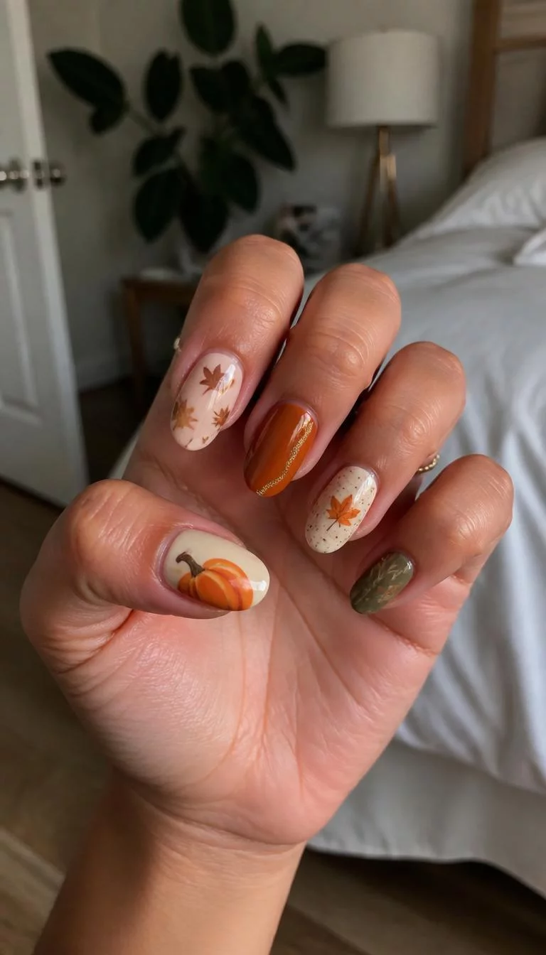 Autumnal Theme Parks For Your Hands A photorealistic close-up shot of a woman's medium skin tone hand with five fingers, showcasing various shapes medium-length nails featuring fall themes like pumpkins, leaves, and abstract patterns in autumn colors, bedroom background